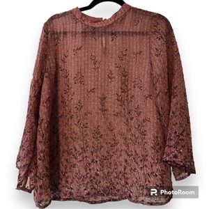 Sweet Rain XL women's sheer top floral design 3/4 sleeve button back neck light